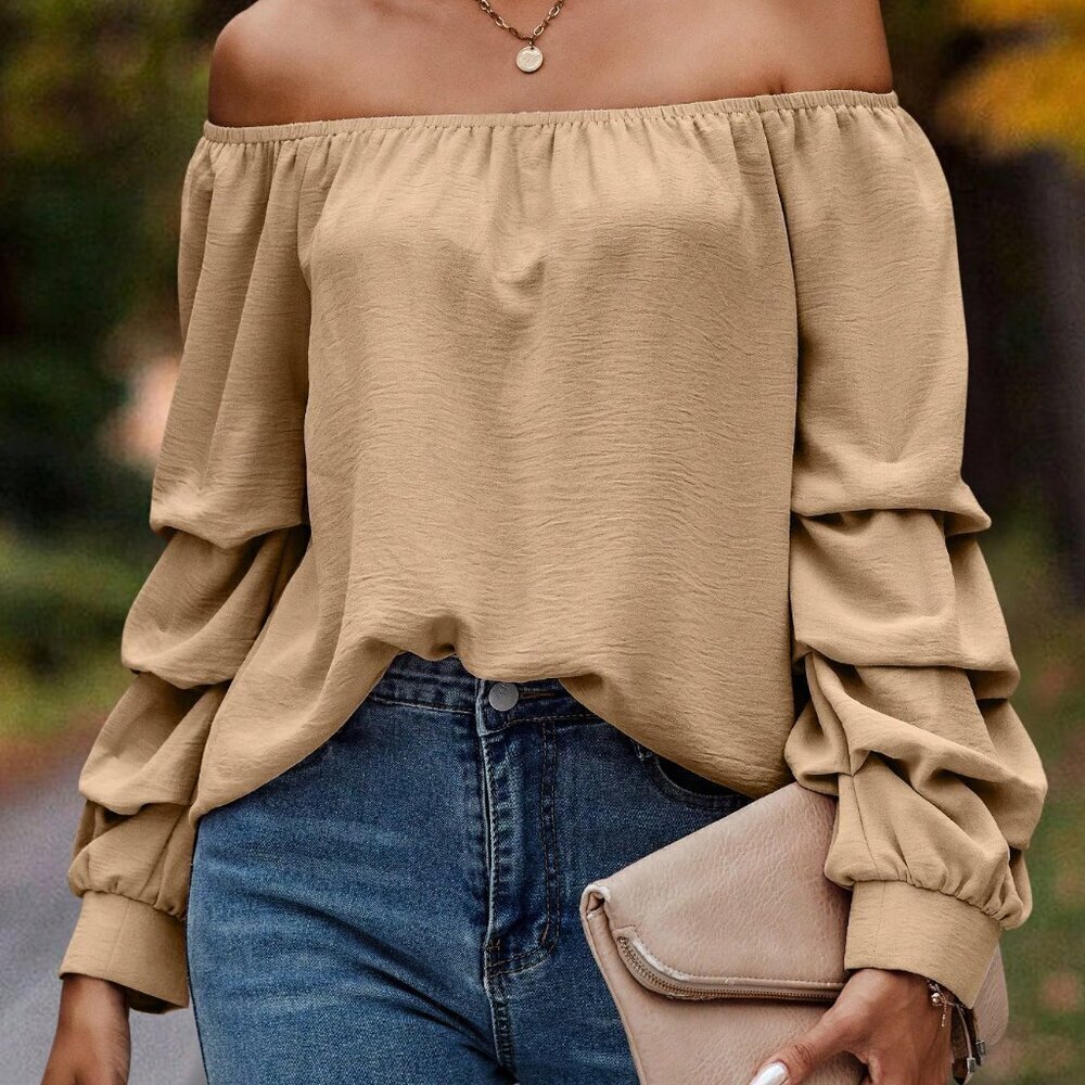 Khaki Casual Women's Off Shoulder Bishop Sleeve Blouse